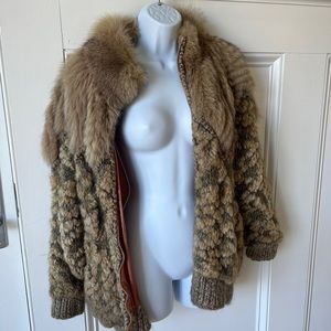 Authentic 80’s rabbit fur and women bomber jacket with chevron detail + knit S/M